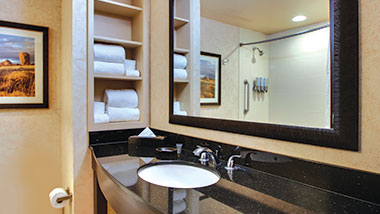 A guest bathroom at Zia Park Casino, Hotel and Racetrack..