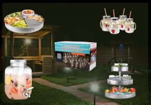 collection of metal stands, mason jars and hanging lights