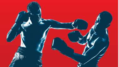 two boxers fighting over red background