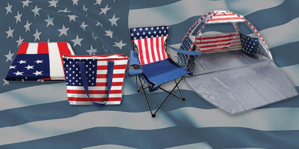 American Flag towel, cooler, camp chair and tent
